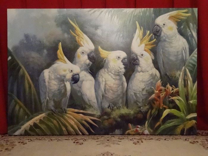 HUGE 6 FT GICLEE ON CANVAS, 5 COCKATOOS, UNFRAMED GALLERY WRAPPED, VERY GOOD CONDITION, 72"W X 49"H