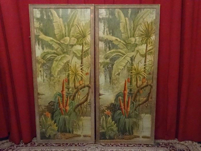 2 LARGE 6 FT HANDPAINTED PANELS, TROPICAL BANANA TREES, IDENTICAL SCENES WITH SOME VARIATION