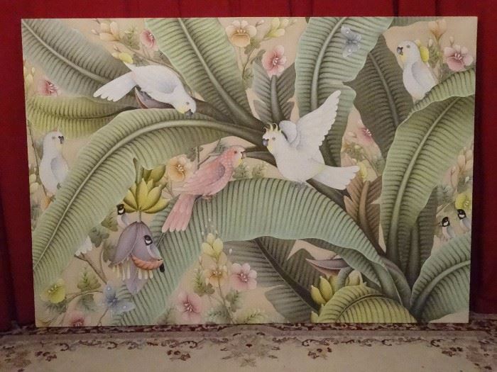 HUGE 6 FT BALINESE PAINTING ON FABRIC, COCKATOOS, PARROTS, AND OTHER BIRDS IN TROPICAL FOLIAGE