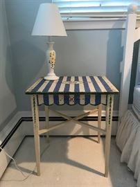 Shabby Chic hand painted white and blue side table with pair of yellow daisy lamps