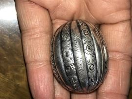 Inscribed walnut shaped sterling silver container