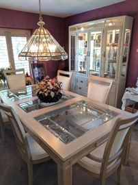 Fabulous Stanley Dining Room Set also available for presale. Shown here is the lighted beveled glass two piece china cabinet, table and six chairs. 