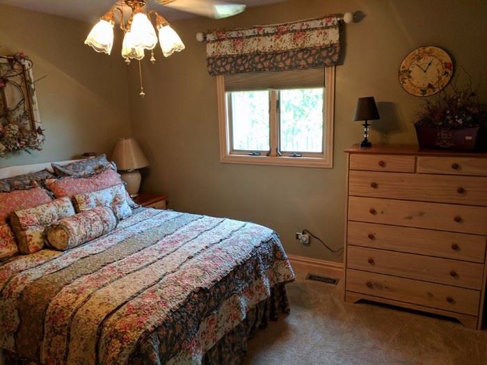 Naked furniture bedroom set with queen headboard, two nightstands, chest and dresser with mirror all professionally finished.