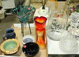 Selection of art glass and collectible glass - some Fenton, Blenko, Heisey, Artisan, etc. Crystal selection. Pottery including Roseville, Artisan, etc.
