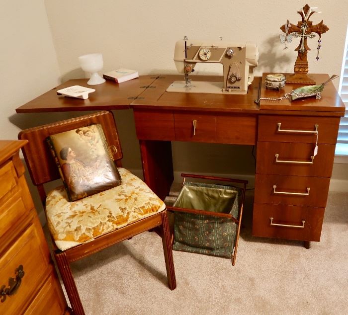 Vintage Sewing Machine & Cabinet, Chair & Misc