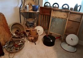 Rope/Lasso Baskets, Spurs, Glazed Pottery, Washboards, Enamel & Irons