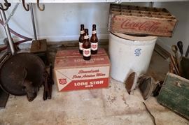 Vintage Lone Star Wax Box and Case of Lone Star Bottles, Cast Iron, Crock, Coca Cola Crate & Wooden Box