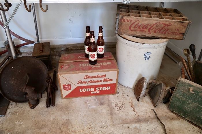 Vintage Lone Star Wax Box and Case of Lone Star Bottles, Cast Iron, Crock, Coca Cola Crate & Wooden Box