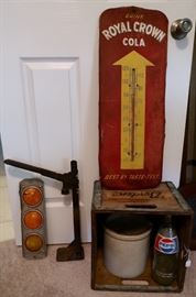 Royal Crown Cola Thermometer (complete working order), Borden's Milk Box/Crate, Crock and Misc
