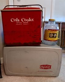 Cola Cooler, Unique Coca Cola Aluminum Cooler and vintage jar