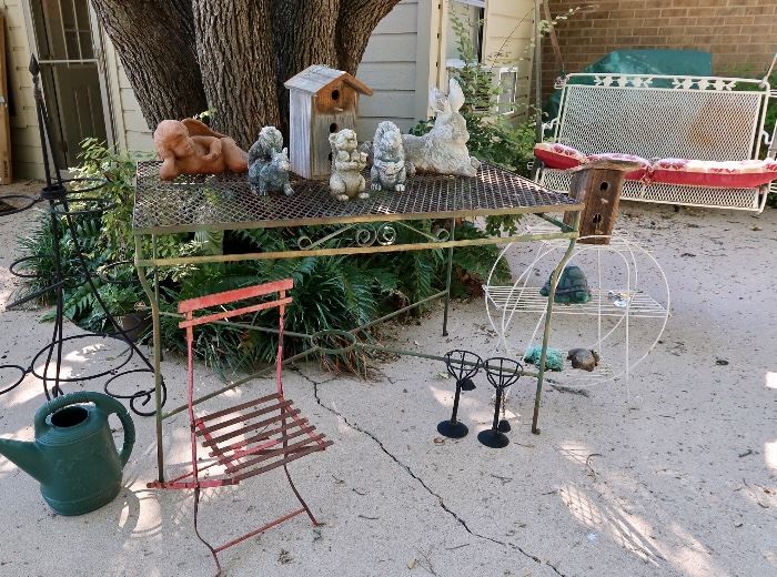 Vintage Iron Patio Table, Yard Art and Plant Stands