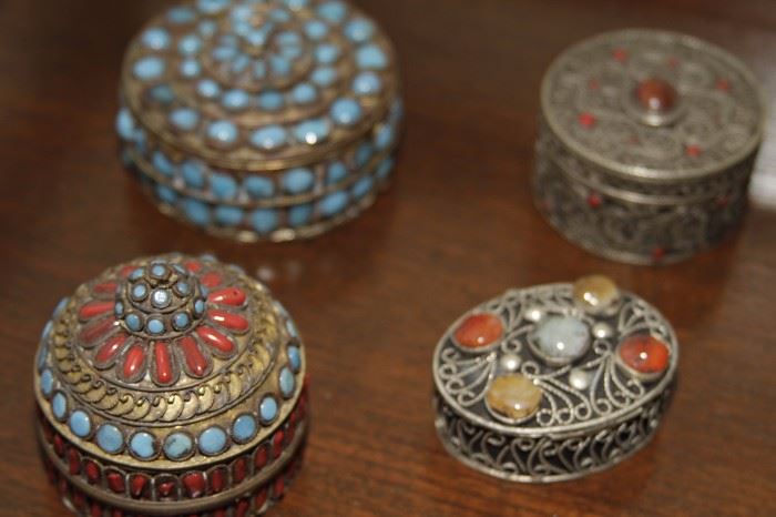 Coral, turquoise, silver, brass trinket boxes