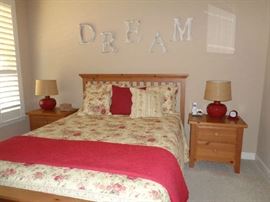 queen bed, mission style, pair of night stands