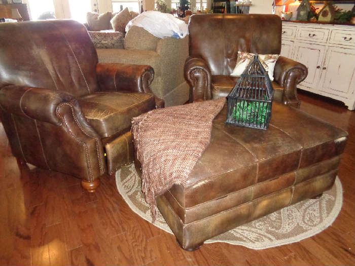 2 distressed, scruffy, wonderful leather recliners & matching hassock w/storage, perfect for the man cave.