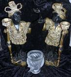 Bronze & Brass Blackamoor Figural Candle Holders & Lalique Birds in Flight Vase