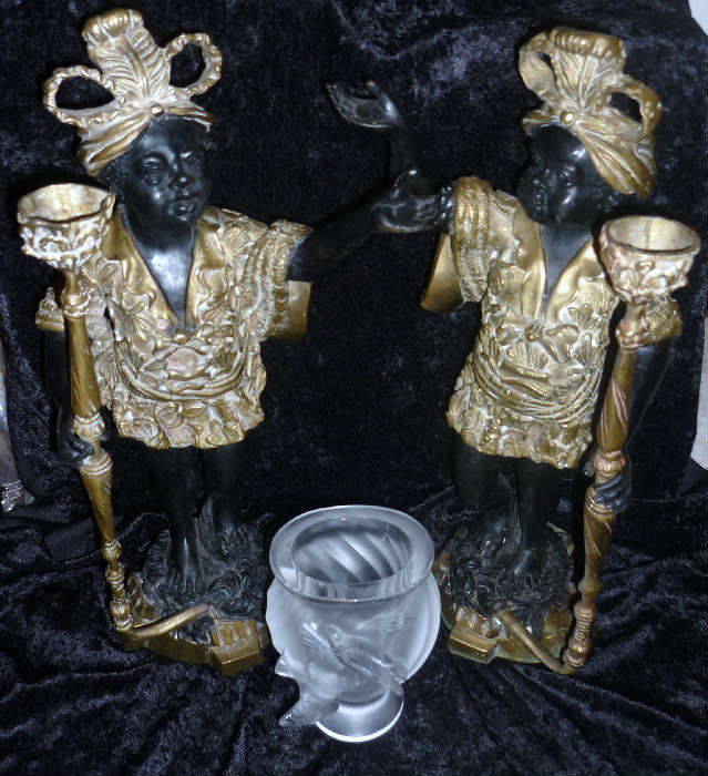 Bronze & Brass Blackamoor Figural Candle Holders & Lalique Birds in Flight Vase