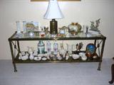 Console table w/belleek, Lenox, vintage signed candle holders, vintage brass lamp, and more...