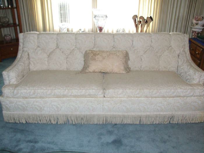 MCM FULL SIZE COMFY SOFA IN A SOFT IVORY AND BROCADE FABRIC. THIS WEEKEND 50% OFF