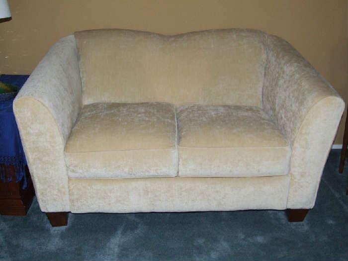 CONTEMORARY IVORY COLORED SOFA LOVE SEAT IN EXC ELLENT CONDITION. FIRM, BUT COMFY.