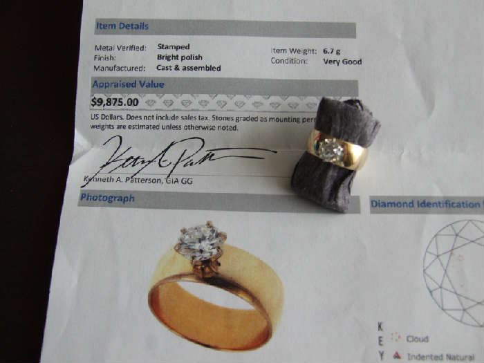 FABULOUS CERTIFIED 1.3 CARAT DIAMOND SOLITAIRE SET IN 14K GOLD. INCLUDES A RECENT LEGAL APPRAISAL ON THE REPLACEMENT VALUE OF THIS STUNING RING!! MUST SEE TO APPRECIATE....