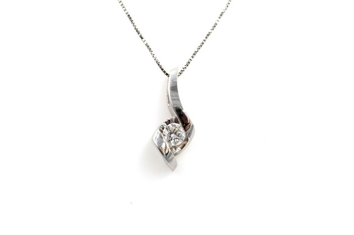 Sirena® Collection 14K White Gold Diamond Pendant Necklace: A Sirena® Collection solitaire round cut diamond rests between a twisted white gold pendant dangling from a white gold box chain.