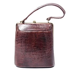 Alligator Skin Handbag by Bass: A Bass alligator skin handbag. This vintage bag features brown alligator skin with brass accessories and a soft caramel colored leather interior with coordinating kiss clasp coin purse.