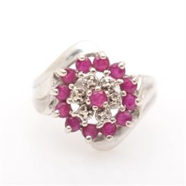 10K White Gold Diamond and Ruby Ring: A 10K white gold, diamond and ruby ring.