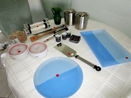Glass serving platters, expresso cups, useful food prep and storage items