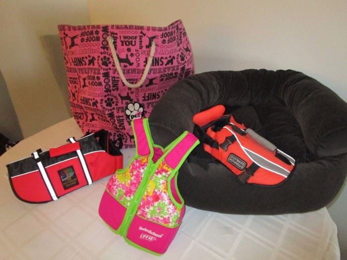 Doggy bed, bag and life vests