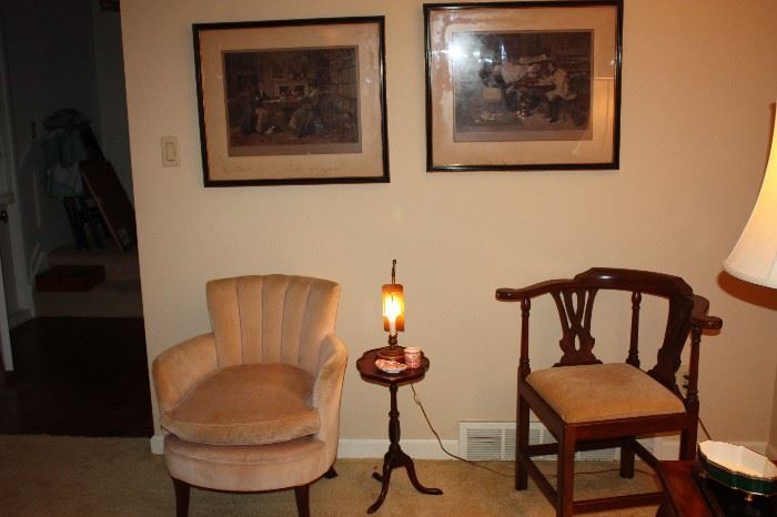 Sweet corner chair.  Small occasional chair and table.  Lot's of nice attorney artwork (these happen to be antique).