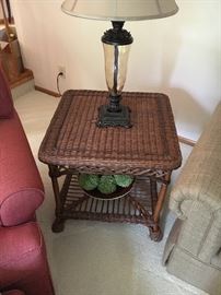 Wicker Side Table. (lamp and chairs not for sale)