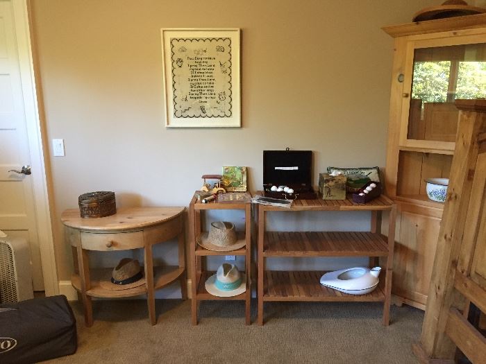 Pine demi-lune table, bamboo looking shelving units and a great pine corner hutch. Pine table is 32"w x 17"d x 27"h asking $110 Pine Hutch is 32"w x 72"h asking $160.