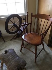spinning wheels and chair and vintage stool