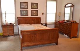 Bedroom suite - night stand, queen size sleigh bed, dresser with mirror, chest of drawers