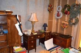 Mahogany desk; cedar chest
