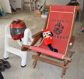 motorcycle helmet; step stool; Georgia Bulldogs canvas tailgate chair; Uga golf club head cover