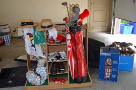 Golf Items - shoe carrier; golf balls; hats; towels; leather gloves; golf shoes; golf clubs; storage/organizer rack