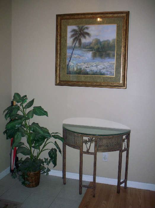 Art print ,  Metal with Glass top Demilune Entry Table, Faux plant