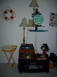 TV Stand, Lamps , Sony VCR , Crosley combo Radio, CD player, Record player and Cassette player, 