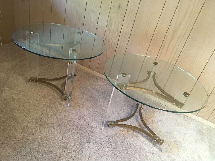 glass top, Lucite and brass base end tables, 1960-1970's