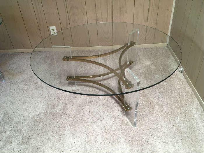 glass top, Lucite and brass base coffee table, 1960-1970's