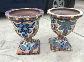 pair of outdoor mosaic planter urns