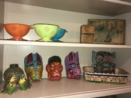 wood masks, tins, tunbridge ware, Mexican pottery