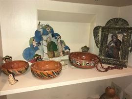 Mexican pottery, metal work and retablo