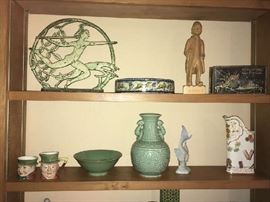 Tins, character jugs, Deco standing metal work