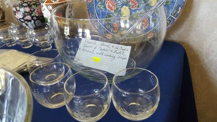 Beautiful Etched Punch Bowl with 12 Cups (Sailing ship design)