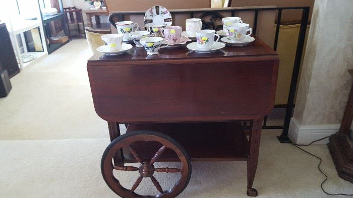 Beautiful drop leaf Tea Cart with drawer & removable tray. Tea Cup & Saucers
