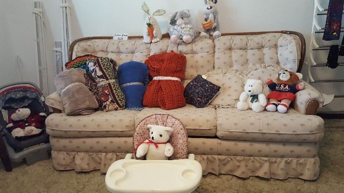County style Sleeper sofa, Baby seats, throws