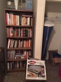 pizza maker, bookshelf with books