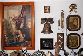 Framed print, barometer, scales and wall art
